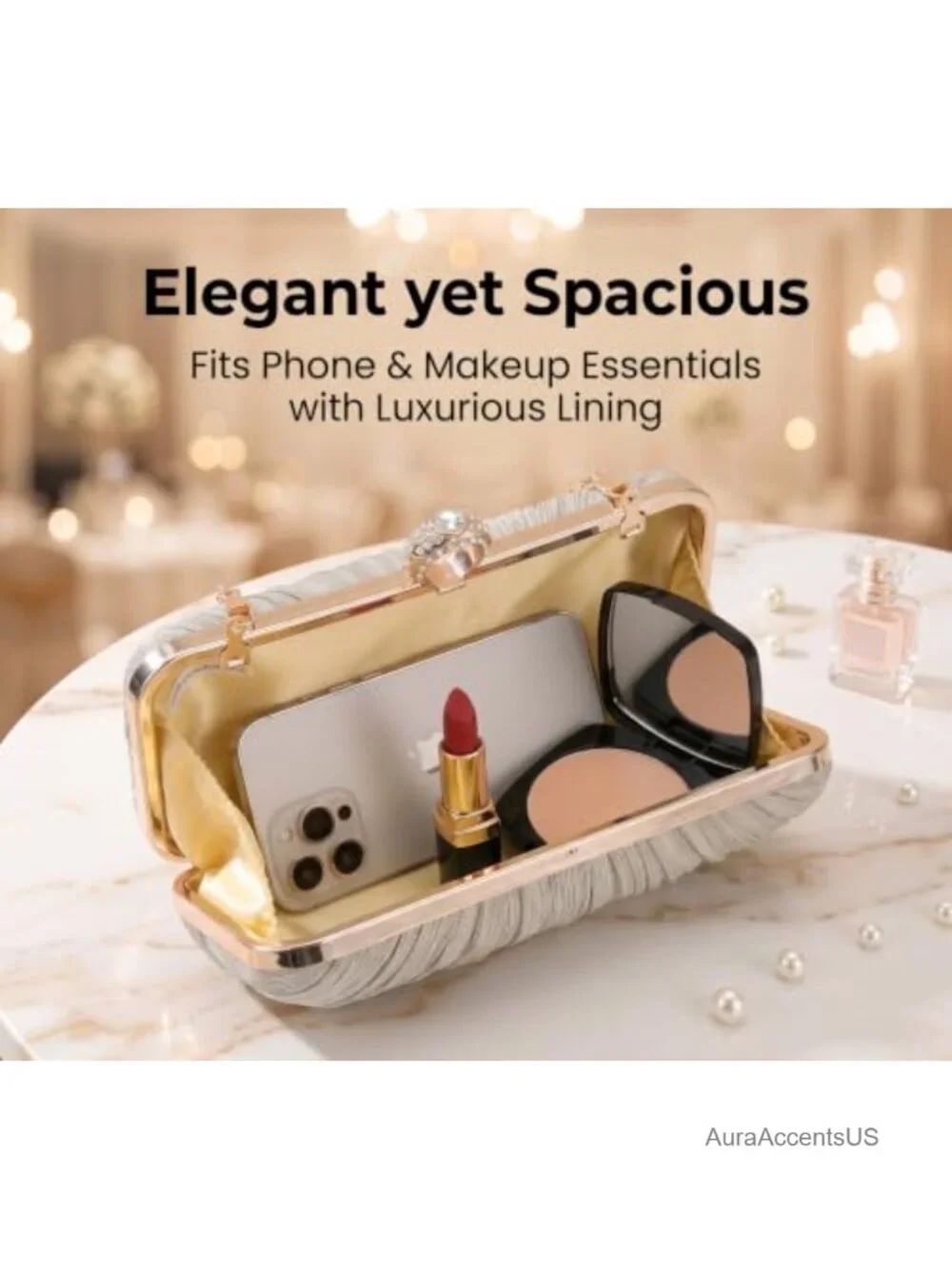 Ruched Satin Clutch with Crystal Ring Handle, Formal Party Evening Bag